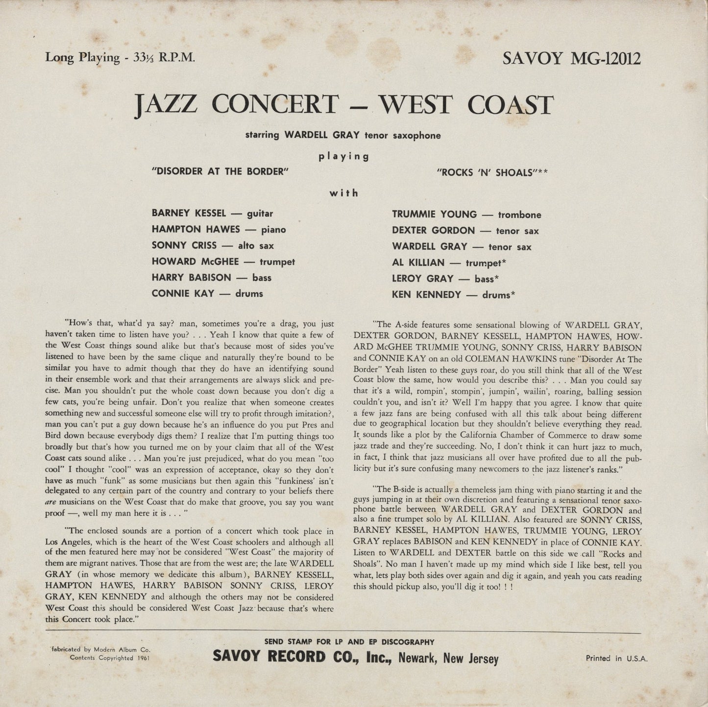 Dexter Gordon , Wardell Gray / Jazz Concert West Coast (Volume 1)  (MG-12012)