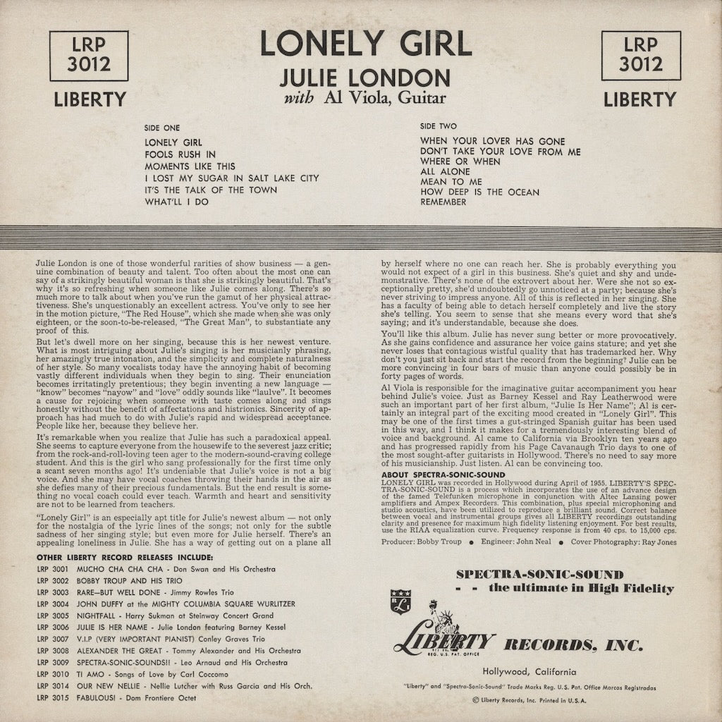 Julie London – Lonely Girl (LRP 3012) LP 1956 US Liberty | 中古LP