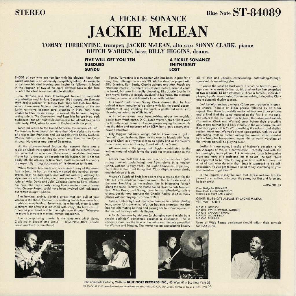 Jackie McLean - A Fickle Sonance (K18P 9203) 1983 JPN Blue Note｜中古LP