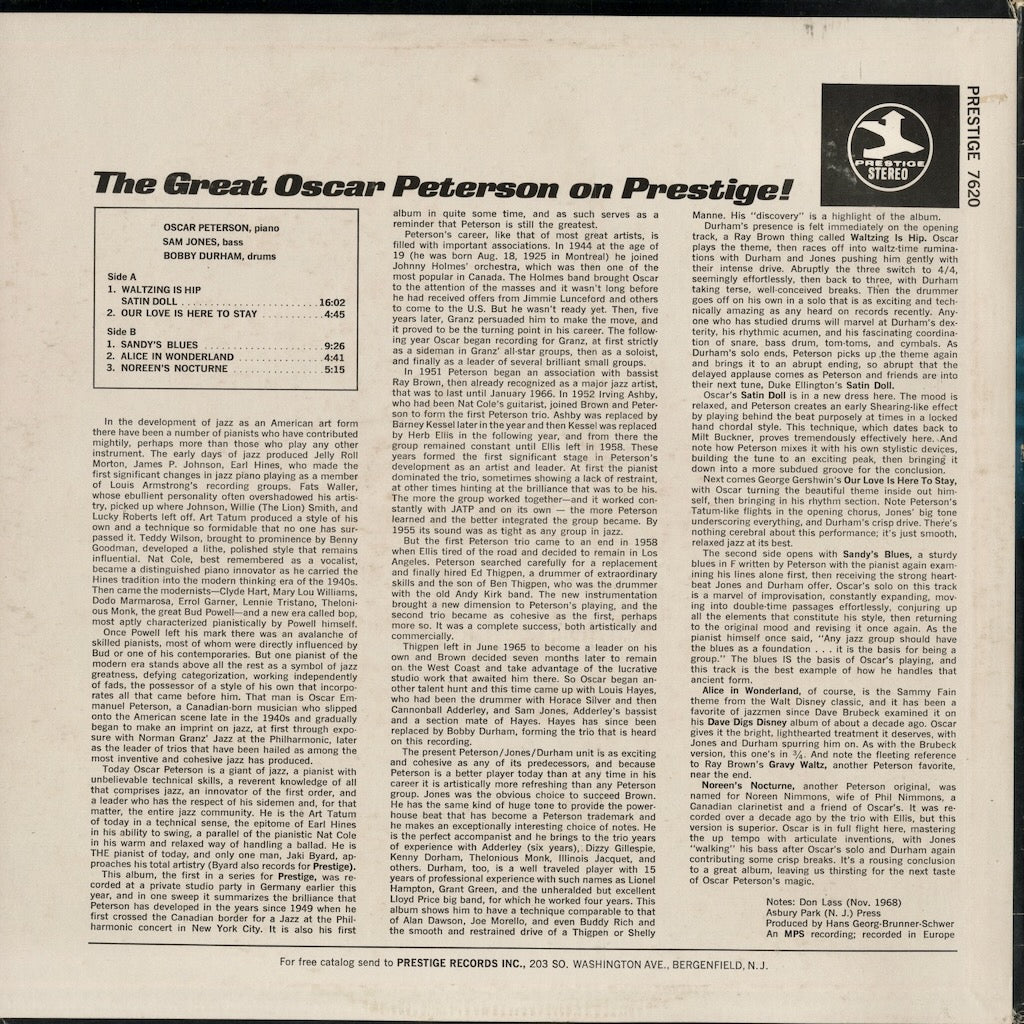Oscar Peterson / The Great Oscar Peterson On Prestige! (PRST 7620) LP 1969 US Prestige | 中古LP
