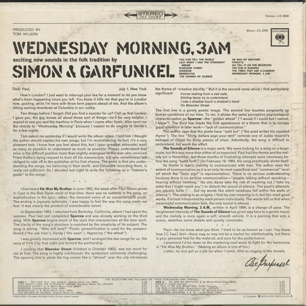 Simon and Garfunkel - Wednesday Morning, 3AM (CS 9049) 1970 US Columbia｜中古LP
