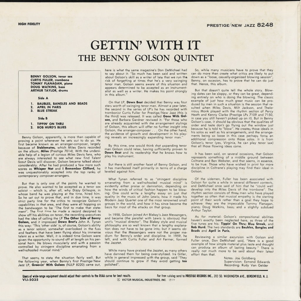 Benny Golson - Gettin' With It (VIJ-5035) 1977 JPN Prestige - Victor｜中古LP