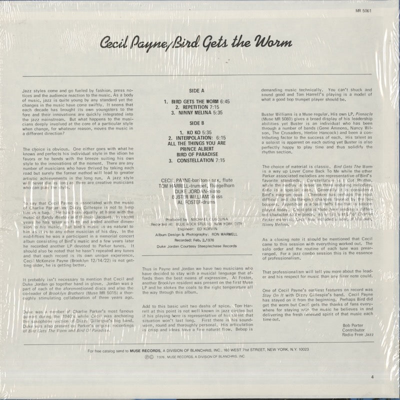 Cecil Payne / セシル・ペイン / Bird Gets The Worm (MR 5061)