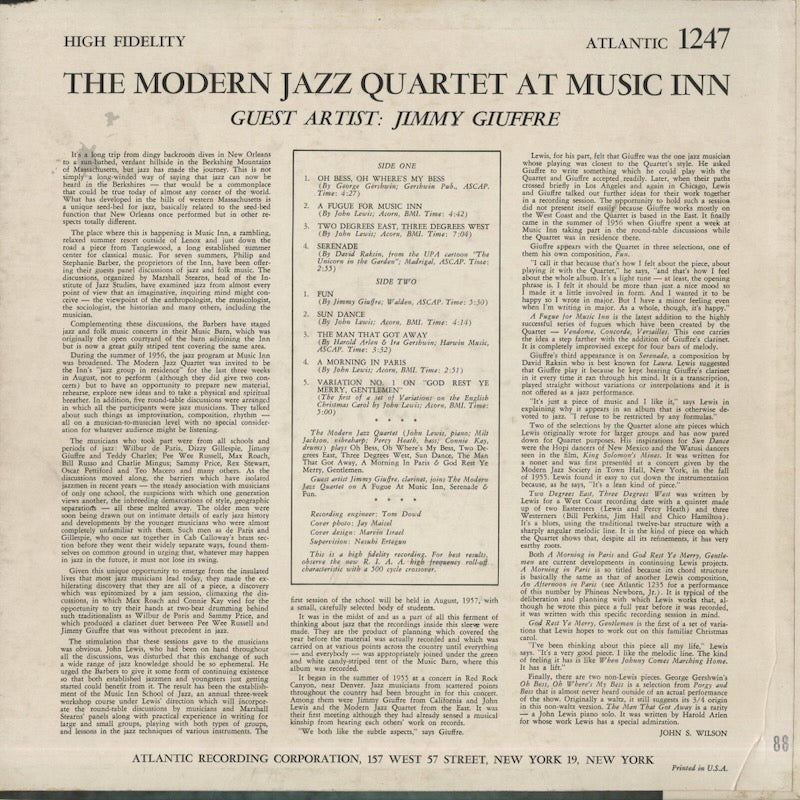 Modern Jazz Quartet - Jimmy Giuffre / モダン・ジャズ・カルテット / Modern Jazz Quartet At Music Inn (1247)