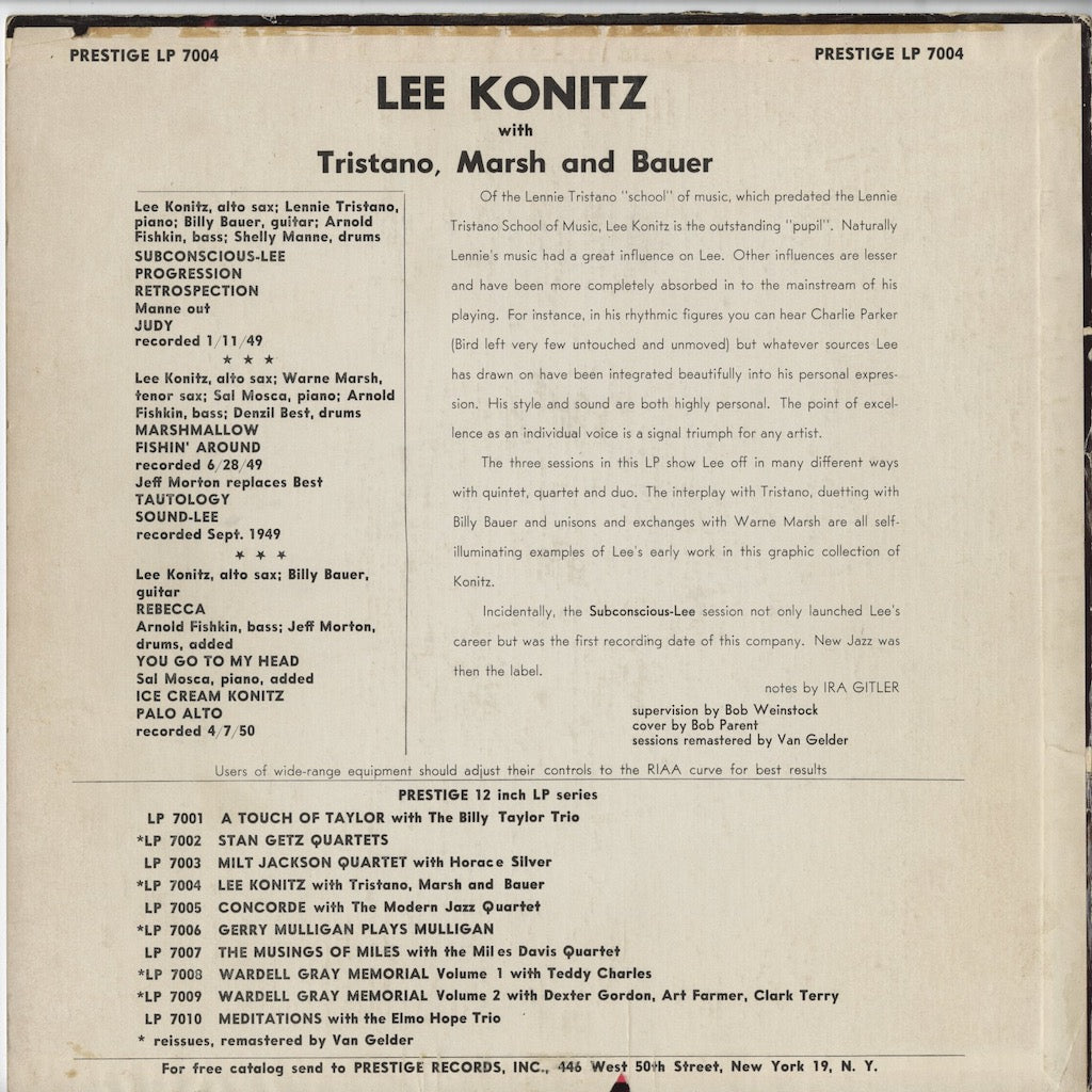 Lee Konitz With Tristano, Marsh and Bauer / リー・コニッツ / Subconscious-Lee (LP 7004)