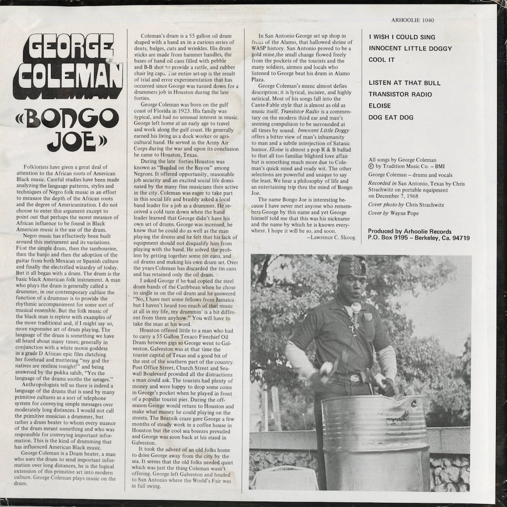 George Coleman - Bongo Joe (ST 1040) 1969 US Arhoolie｜中古LP