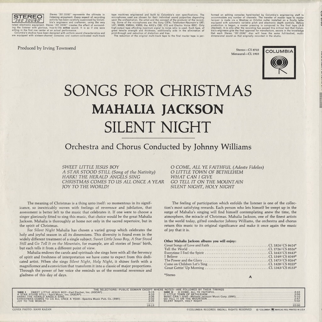 Mahalia Jackson / マハリア・ジャクソン / Silent Night - Songs For Christmas (CS 8703)