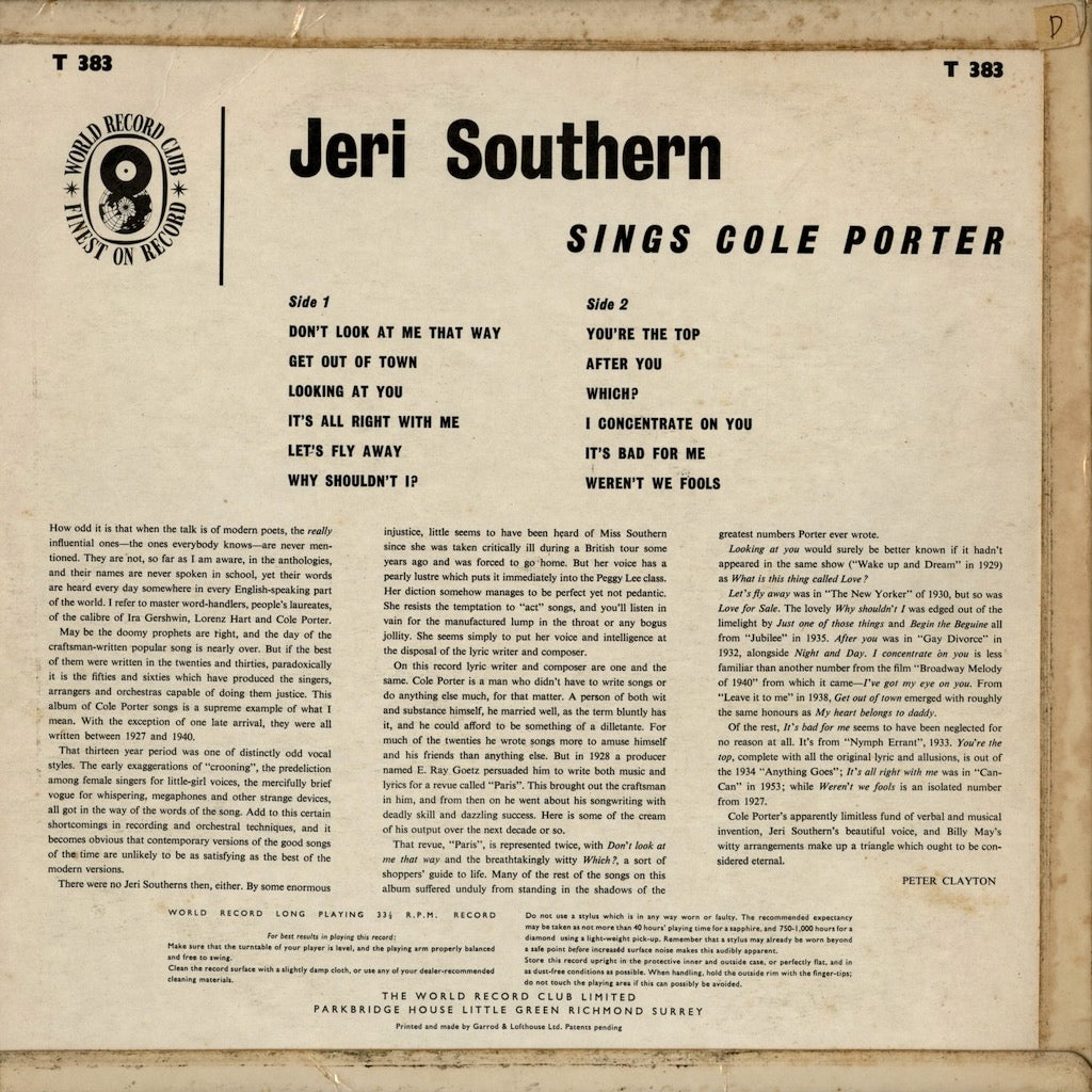Jeri Southern - Jeri Southern Sings Cole Porter (T. 383) 1964 UK World Record Club｜中古LP