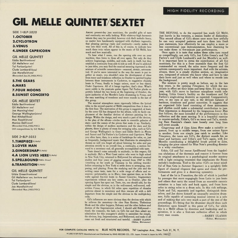 Gil Mellé / ギル・メレ / Quintet & Sextet (K18P-9275) – VOXMUSIC WEBSHOP