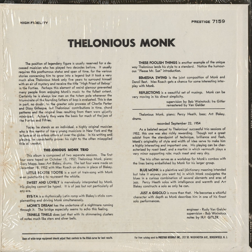 Thelonious Monk / セロニアス・モンク / Monk's Moods (PRLP 7159)