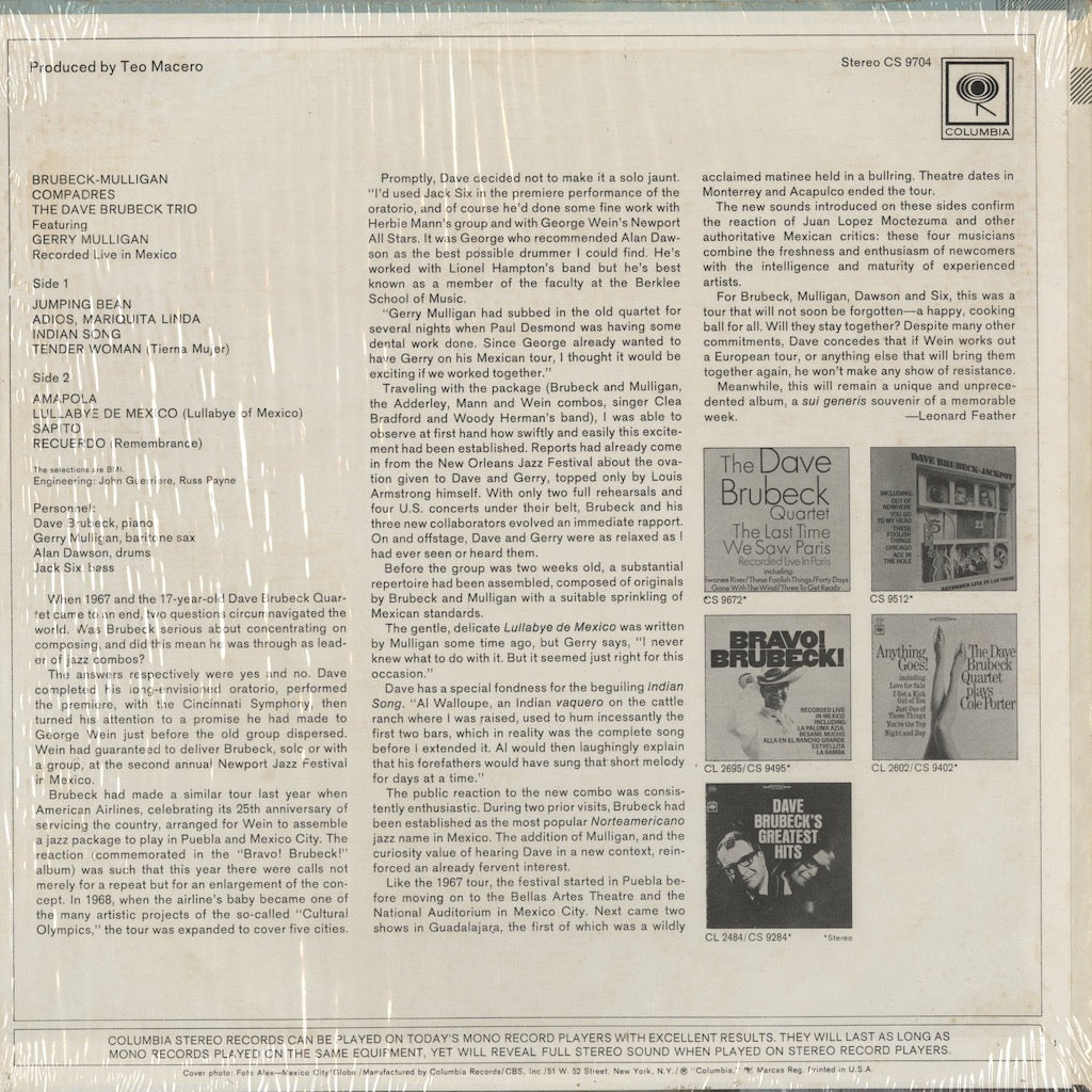 Dave Brubeck, Gerry Mulligan / デイブ・ブルーベック, ジェリー・マリガン / Compadres (CS 9704)