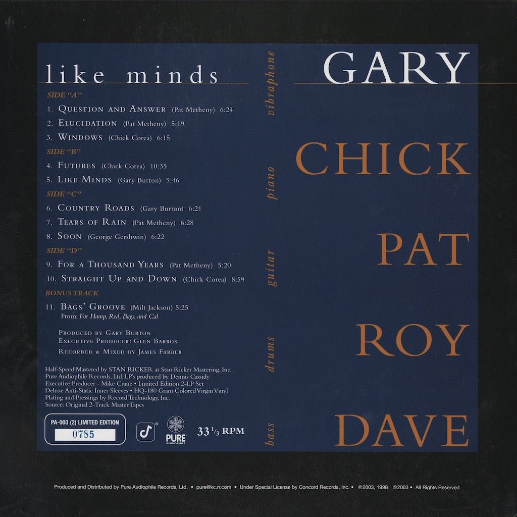 Burton - Corea - Metheny - Haynes - Holland / Like Minds (PA-003) 180g重量盤 2LP ブルー・ヴァイナル