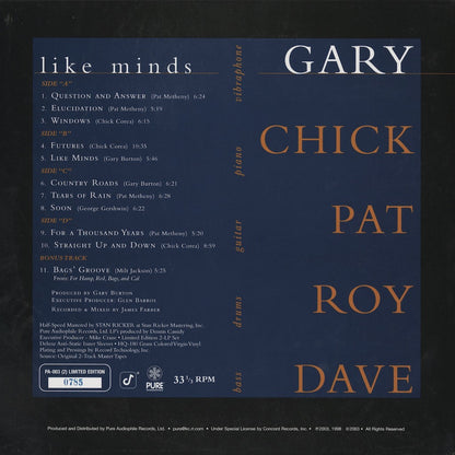 Burton - Corea - Metheny - Haynes - Holland / Like Minds (PA-003) 180g重量盤 2LP ブルー・ヴァイナル