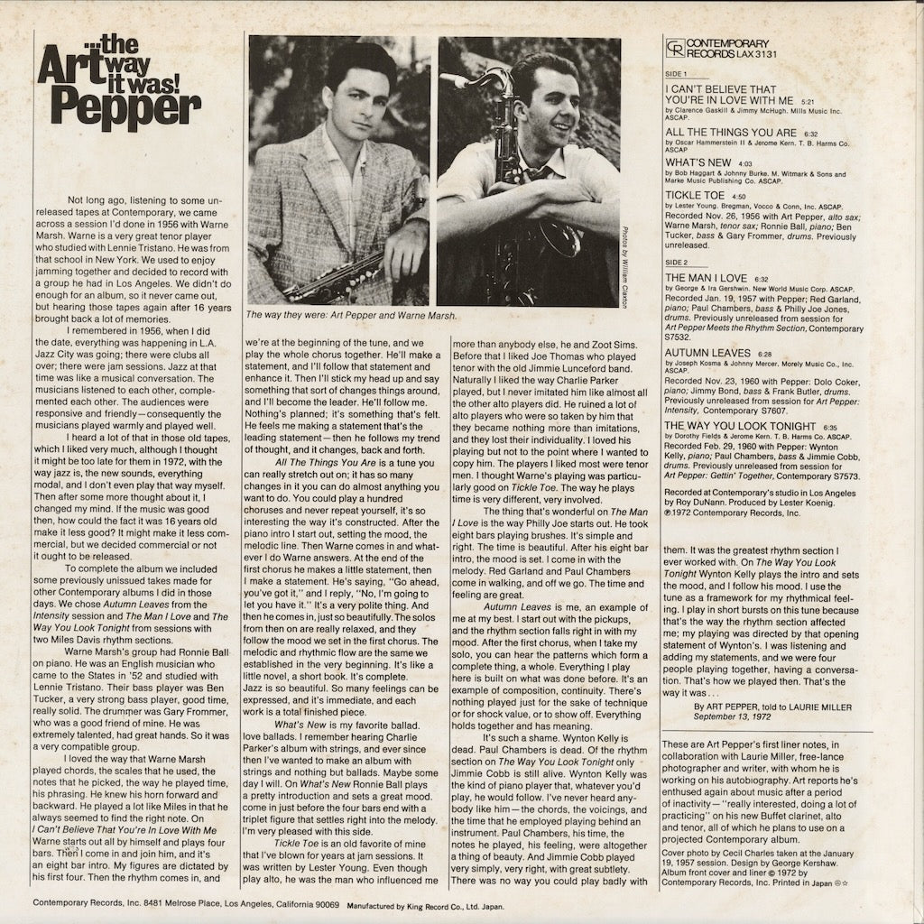 Art Pepper / アート・ペッパー / The Way It Was (LAX3131)