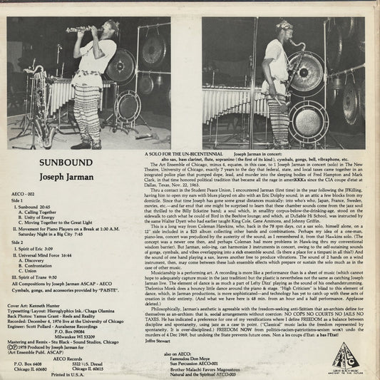 Joseph Jarman - Sunbound Volume One (AECO 002) LP 1978 US AECO