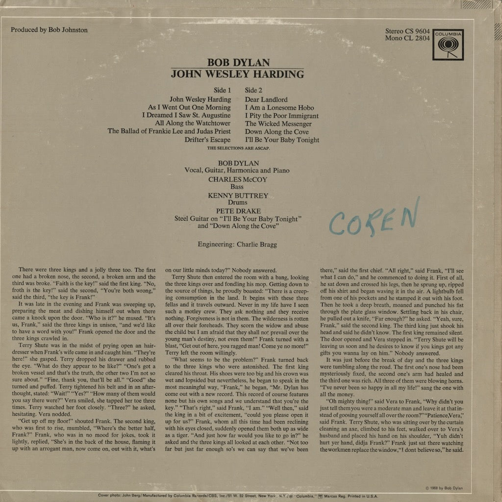 Bob Dylan / ボブ・ディラン / John Wesley Harding (CS 9604) 2-EYE STEREO