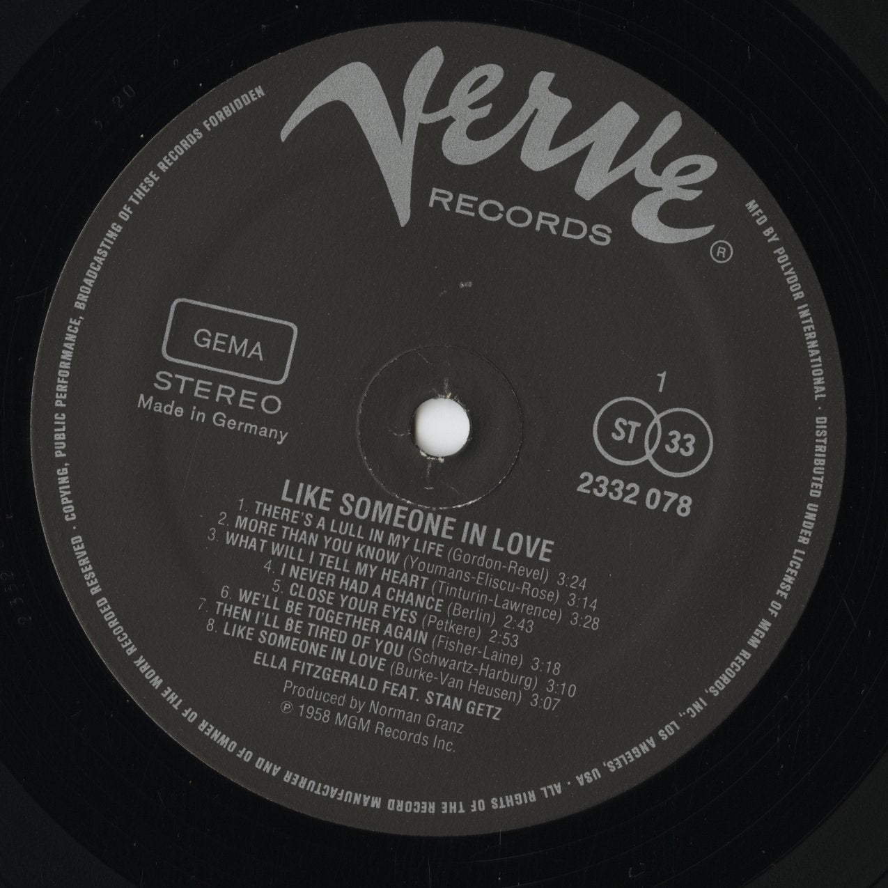 Ella Fitzgerald - Like Someone In Love (2332 078) LP 1978 GER Verve｜中古LP
