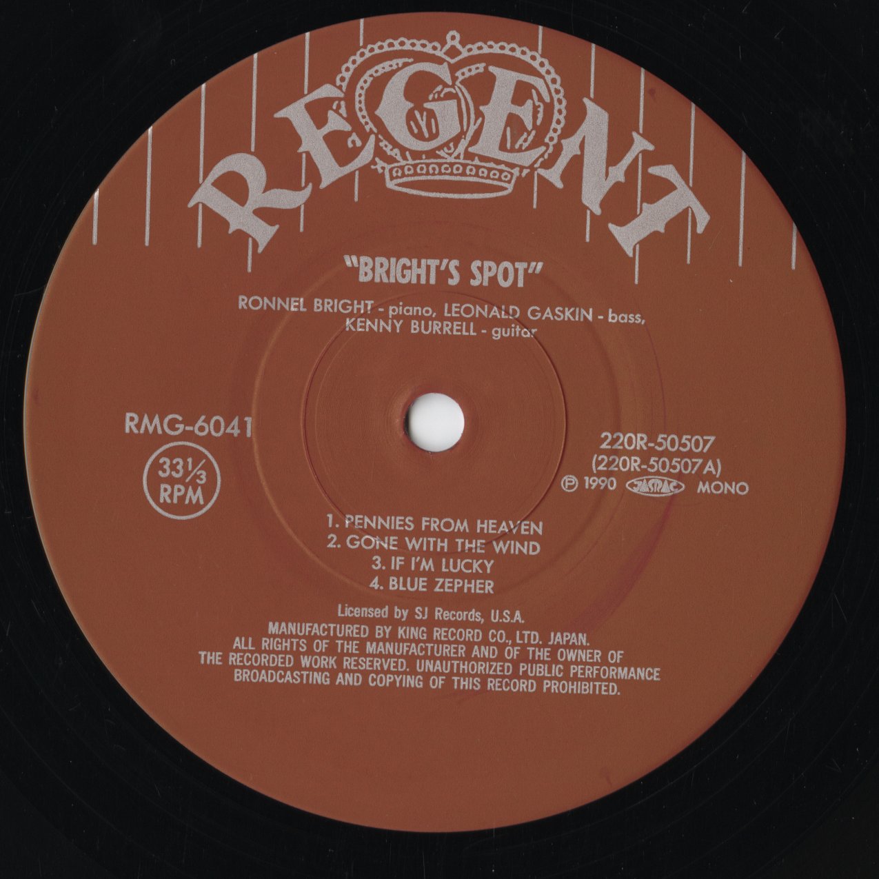 Ronnell Bright / Kenny Burrell / Leonard Gaskin - Bright's Spot (220R-50507) 1990 JPN Regent / King Record｜中古LP