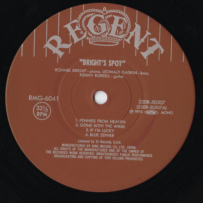 Ronnell Bright / Kenny Burrell / Leonard Gaskin - Bright's Spot (220R-50507) 1990 JPN Regent / King Record｜中古LP