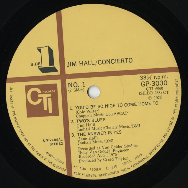 Jim Hall - Concierto (GP 3030) LP 1975 JPN CTI｜中古LP