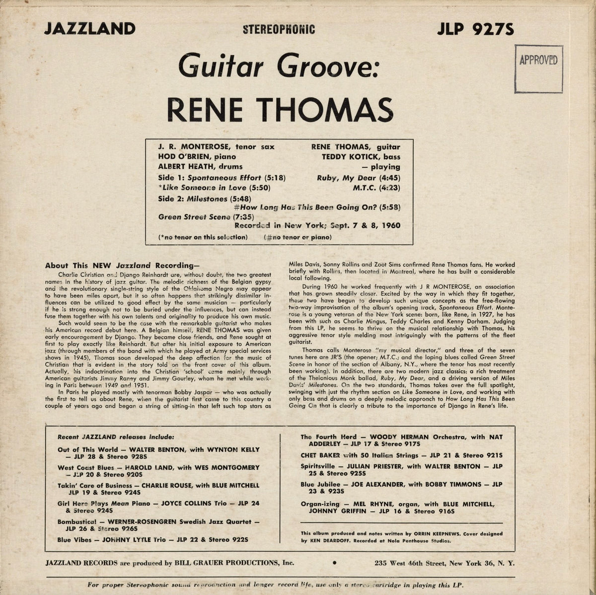 Rene Thomas Quintet - Guitar Groove (JLP 927S) 1960 US Jazzland｜中古LP