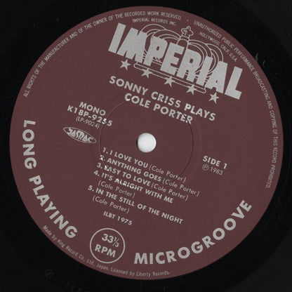 Sonny Criss - Sonny Criss Plays Cole Porter (K18P 9255) LP 1983 JPN Imperial｜中古LP
