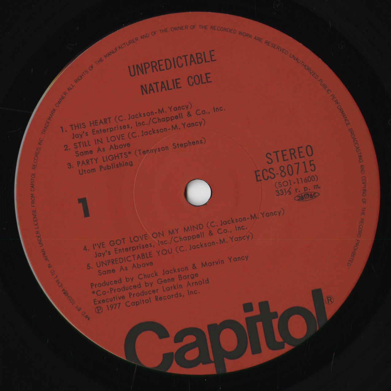Natalie Cole - Unpredictable (ECS-80715) 1977 JPN Capitol｜中古LP