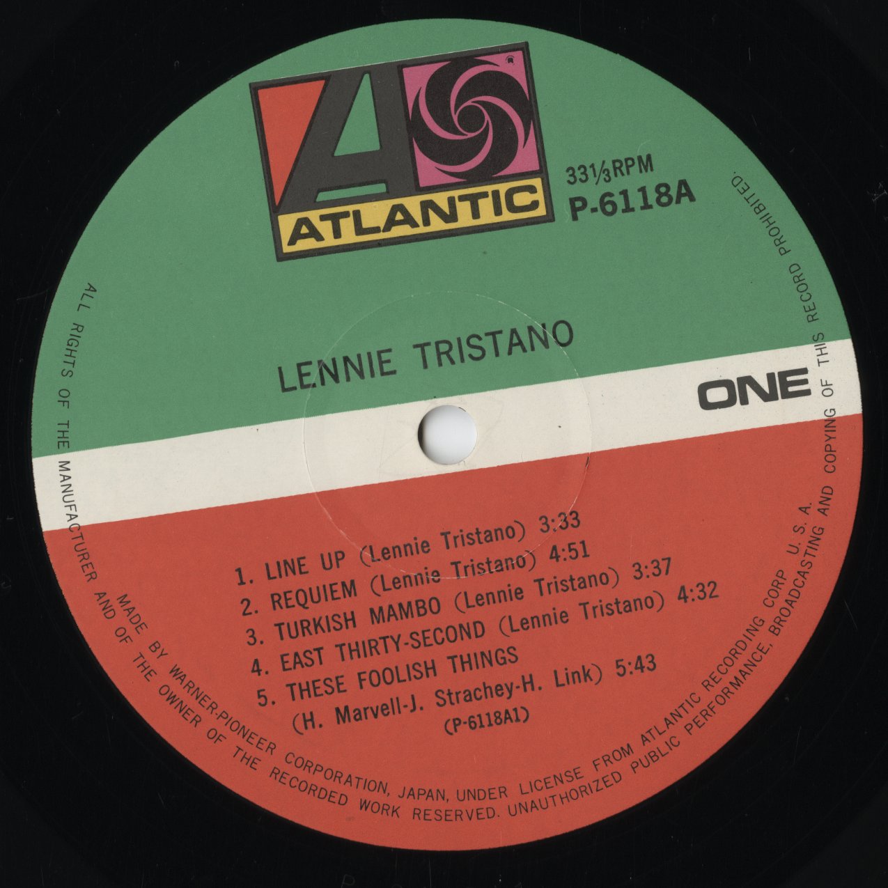 Lenny Tristano - Lenny Tristano (1955) (P-6118A) LP 1973 JPN Atlantic｜中古LP