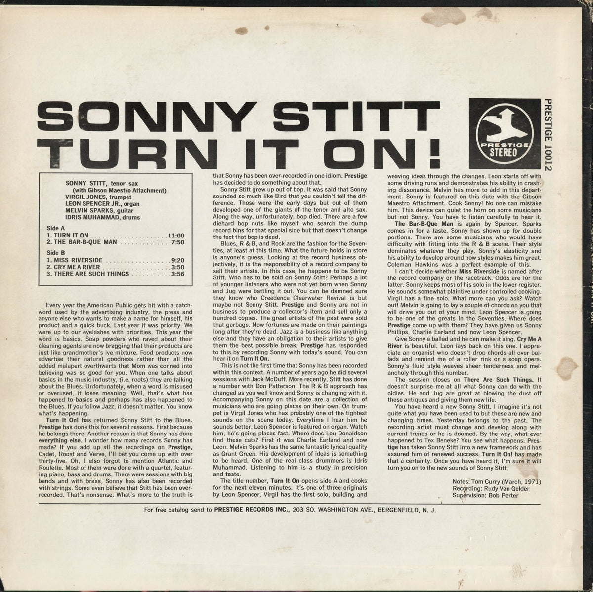 Sonny Stitt - Turn It On! (PRST 10012) 1971 US Prestige｜中古LP