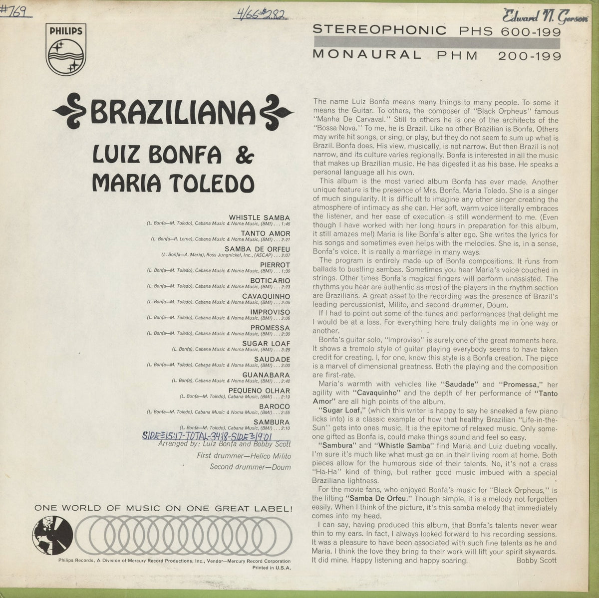 Luiz Bonfa & Maria Toledo - Braziliana (PHS 600-199) 1965 US Philips｜中古LP