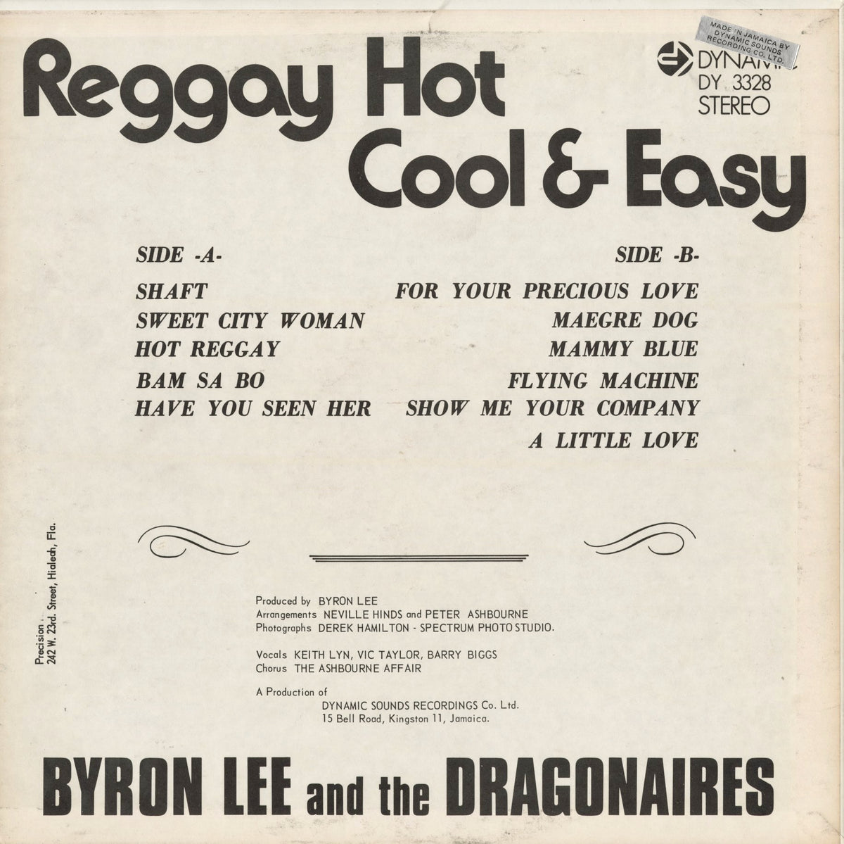 Byron Lee And The Dragonaires - Reggay Hot Cool & Easy (DYNA 3328) 1972 JAMAICA Dynamic Sounds｜中古LP