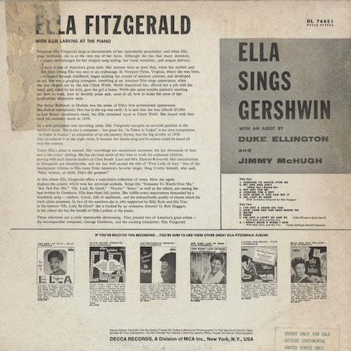 Ella Fitzgerald - Ella Sings Gershwin (DL 74451) LP 1963 US Decca｜中古LP