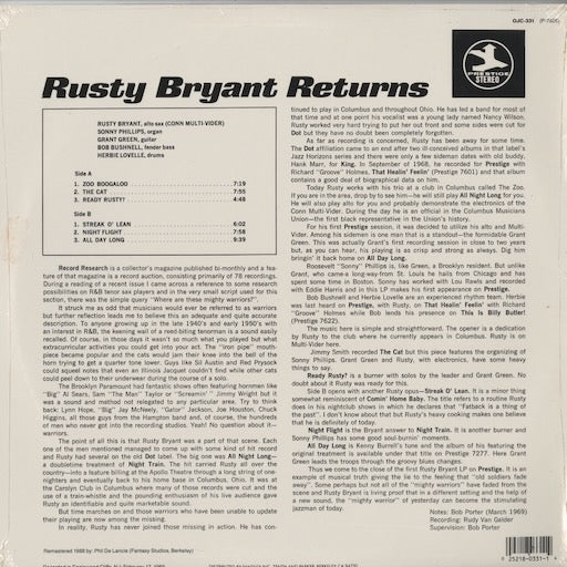 Rusty Bryant - Rusty Bryant Returns (OJC-331) LP 1988 US Prestige/OJC｜中古LP