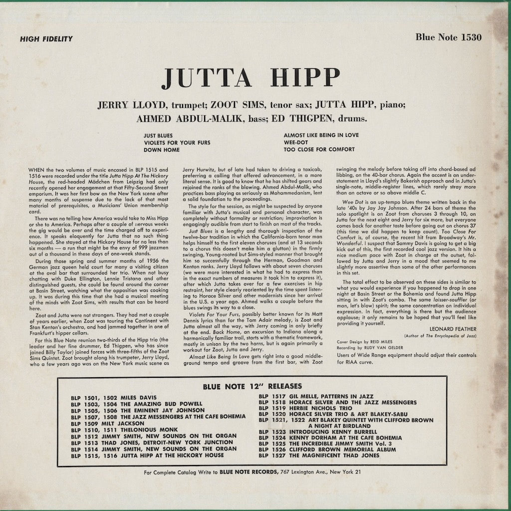 Jutta Hipp / ユタ・ヒップ / Jutta Hipp With Zoot Sims (BN 1530) 1972 US Blue Note-UA MONO
