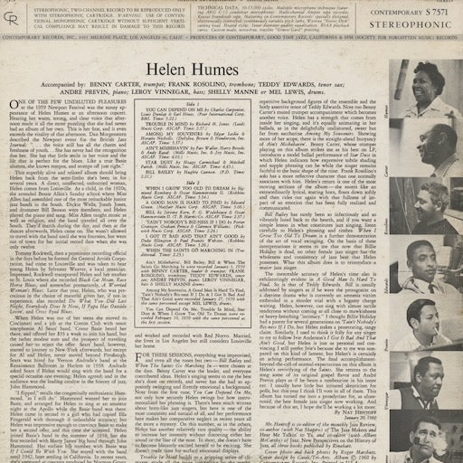 Helen Humes - Helen Humes 1959 (S7571) LP early 1970's US Contemporary Records｜中古LP
