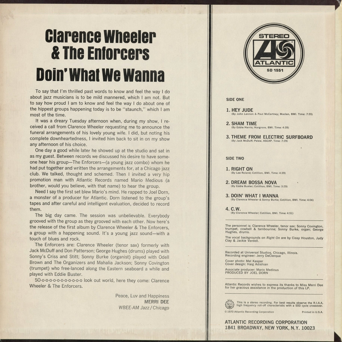 Clarence Wheeler & The Enforcers - Doin' What We Wanna (SD 1551) 1970 US Atlantic｜中古LP