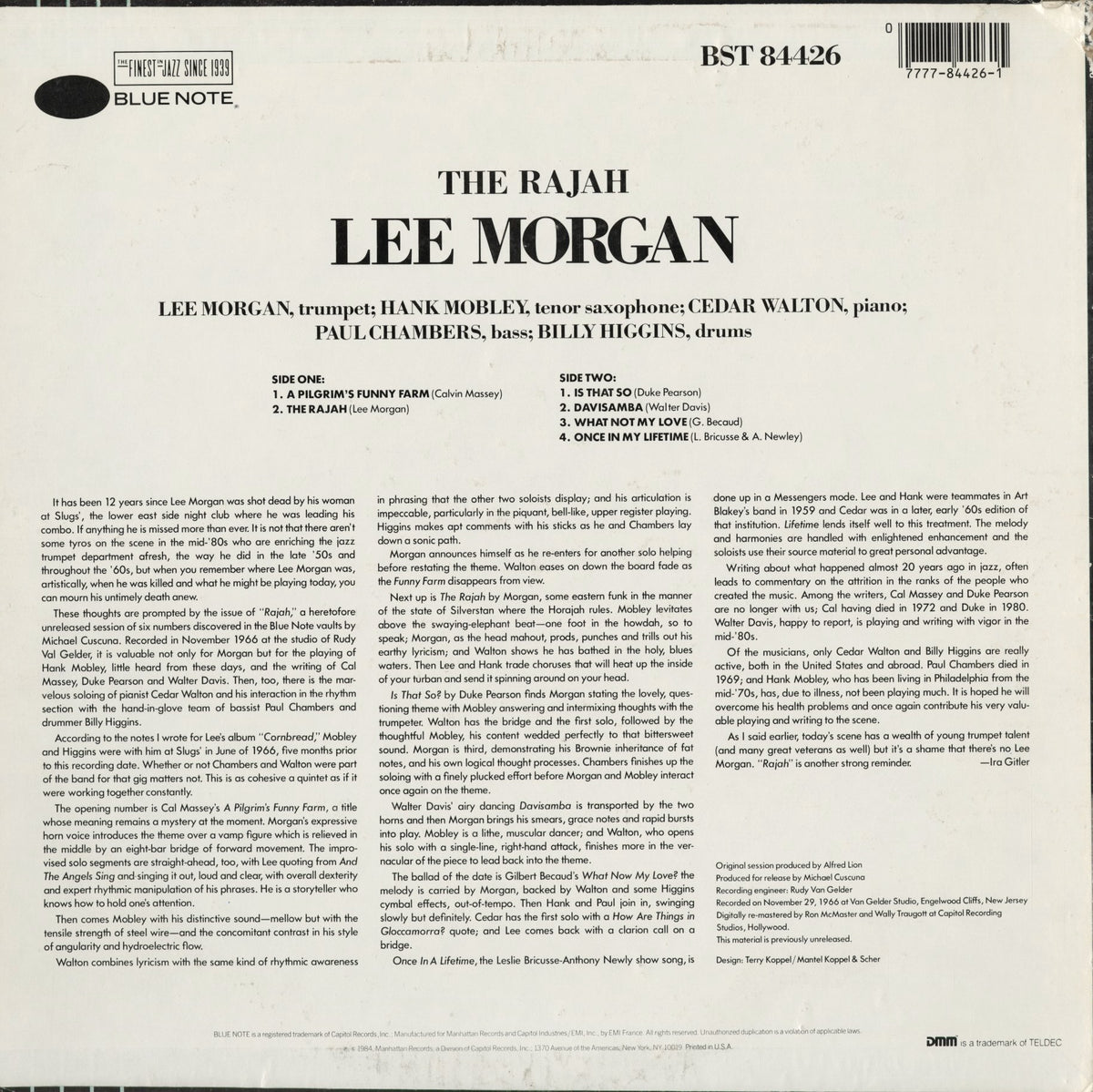 Lee Morgan - The Rajah (BST 84426) 1984 US Blue Note｜中古LP