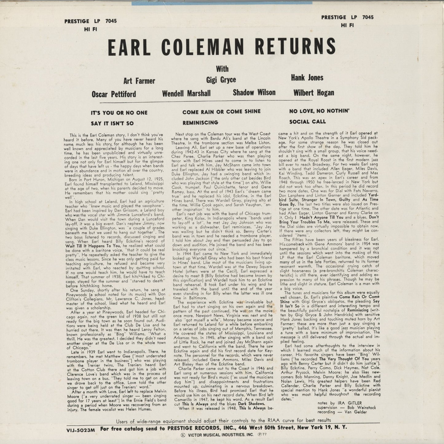 Earl Coleman - Returns (VIJ-5023M) 1977 JPN Prestige / Victor｜中古LP