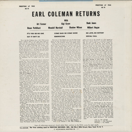 Earl Coleman - Returns (VIJ-5023M) 1977 JPN Prestige / Victor｜中古LP