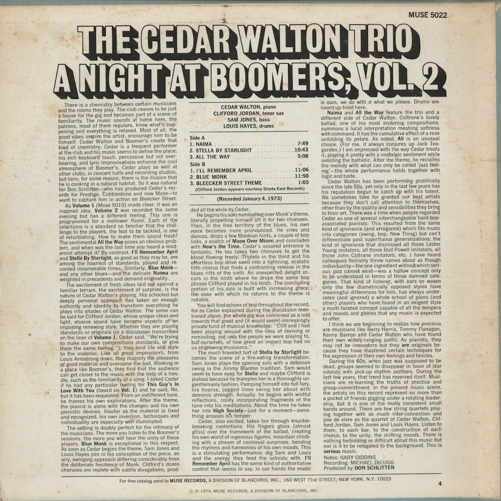 Cedar Walton - A Night At Boomers, Vol.2 (MR 5022) LP 1974 US Muse｜中古LP