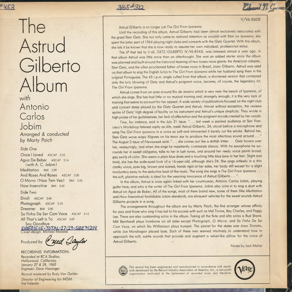 Astrud Gilberto - The Astrud Gilberto Album (V6-8608) 1965 US Verve｜中古LP