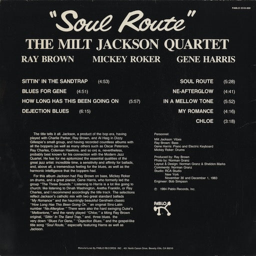 The Milt Jackson Quartet - Soul Route (2310-900) 1984 US Pablo Records｜中古LP