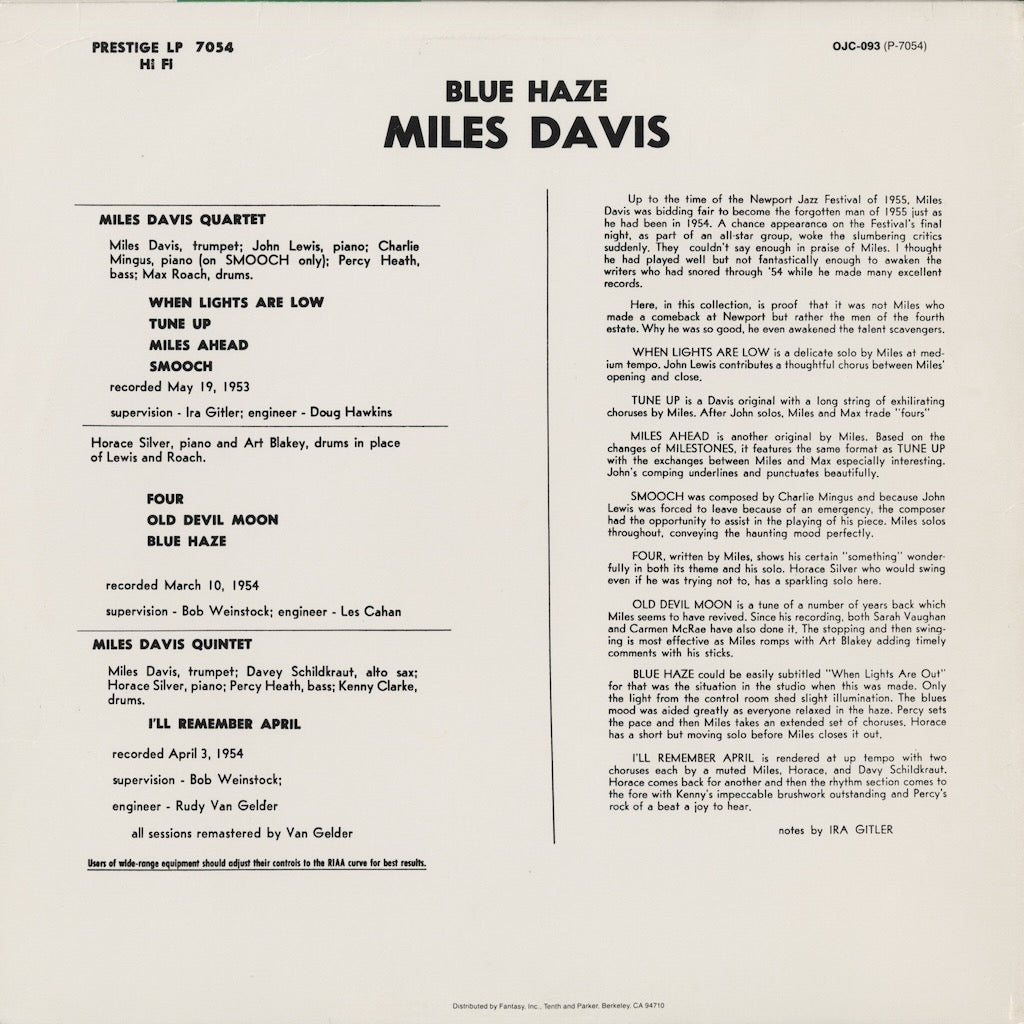 Miles Davis / マイルス・デイヴィス / Blue Haze (OJC-093)