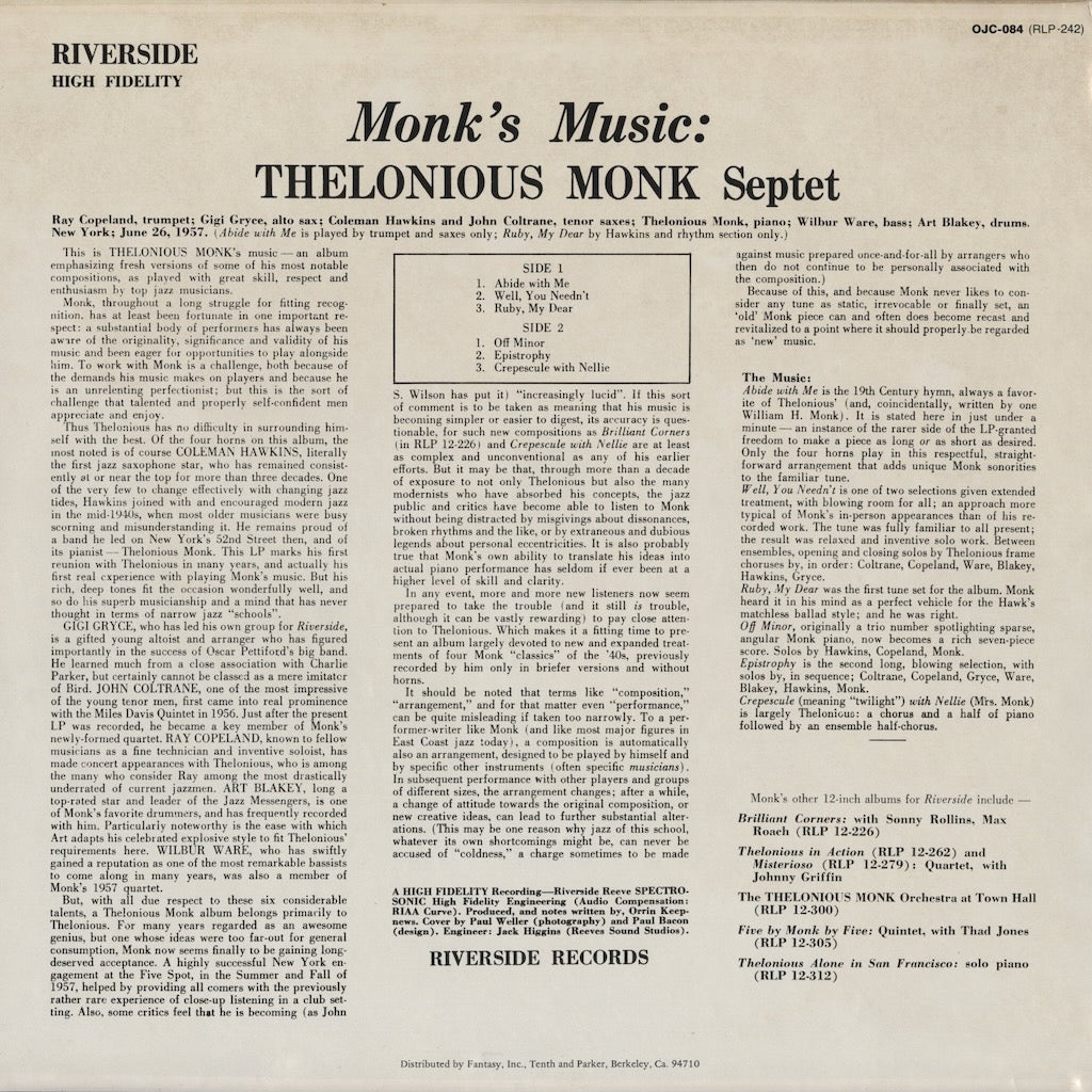 Thelonious Monk / セロニアス・モンク / Monk's Music (OJC-084)