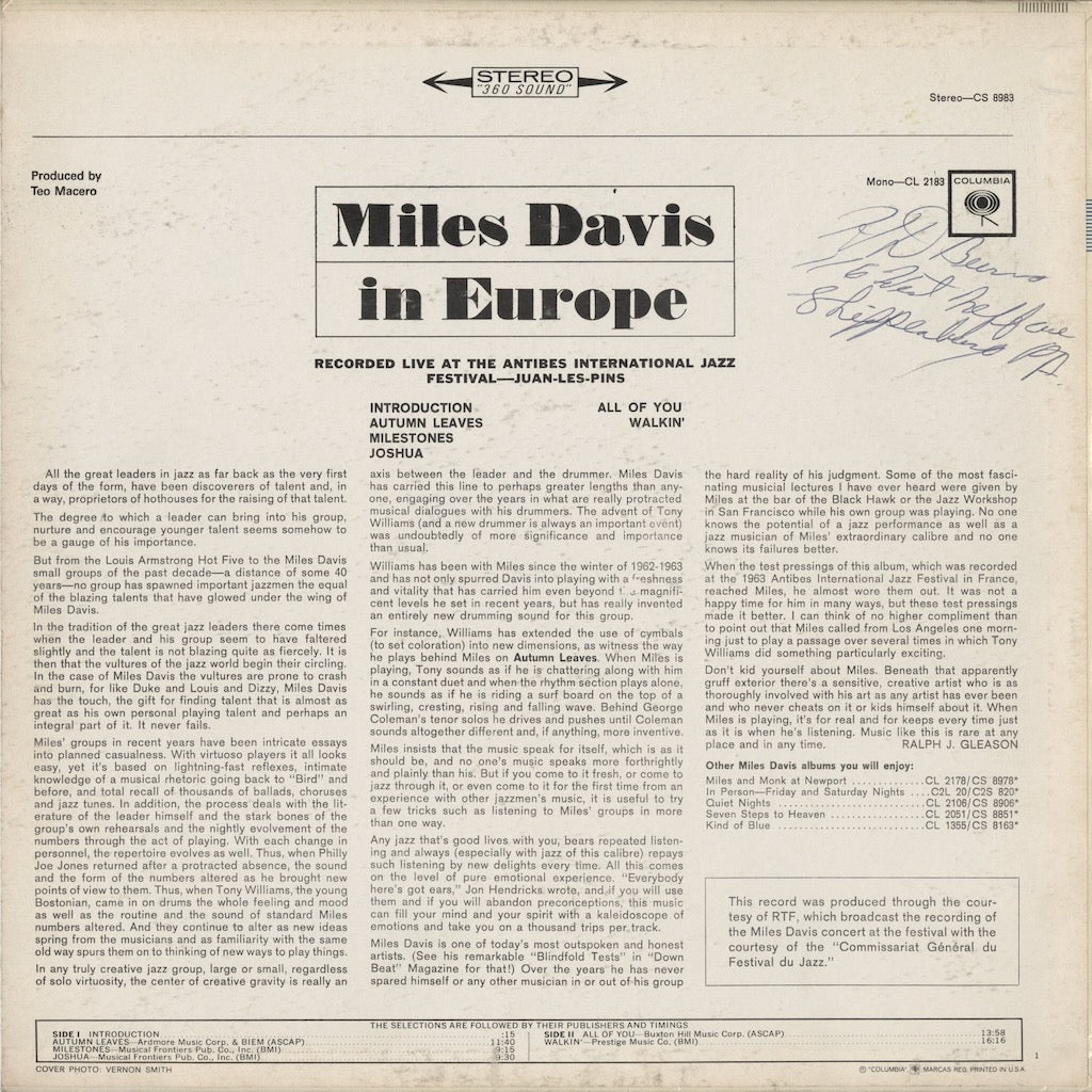 Miles Davis / マイルス・デイヴィス / In Europe (CS 8983)