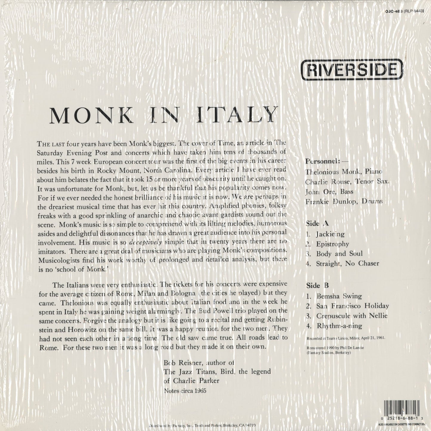 Thelonious Monk - In Italy (OJC-488) 1990 US Riverside Records - OJC｜中古LP