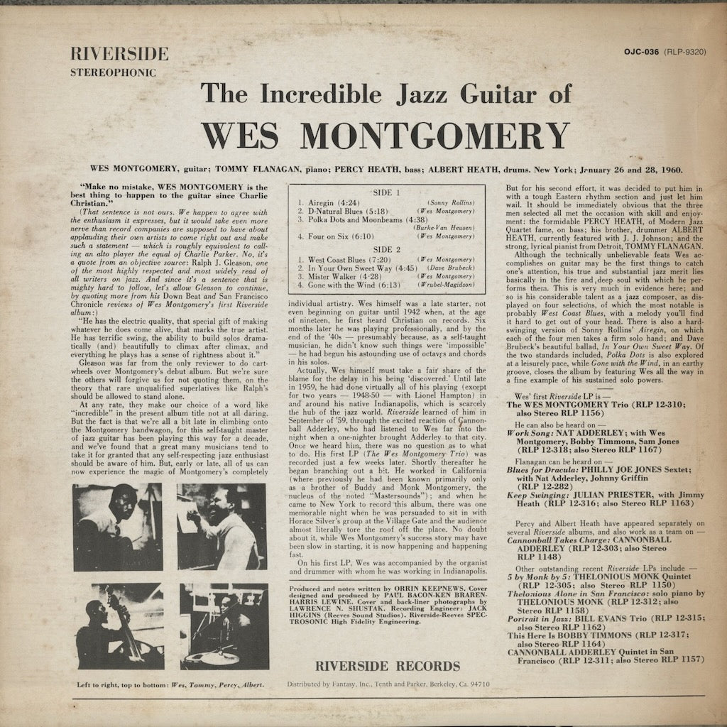 Wes Montgomery - The Incredible Jazz Guitar Of Wes Montgomery (OJC-036) LP 1960 US Riverside｜中古LP