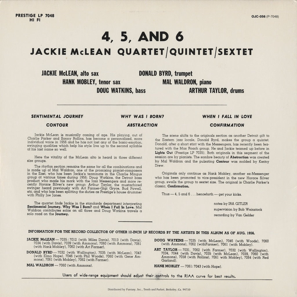 Jackie McLean / ジャッキー・マクリーン / 4, 5 and 6 (OJC-056)