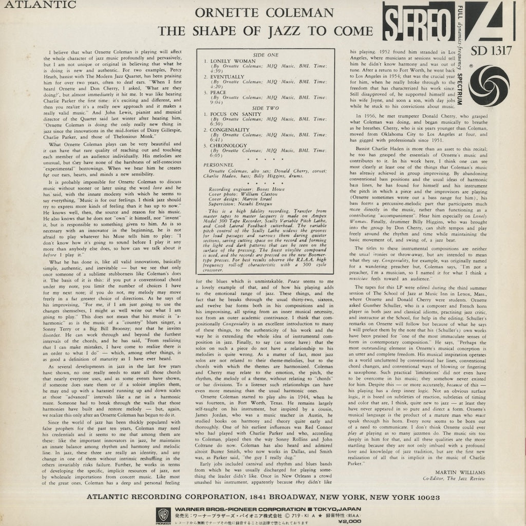 Ornette Coleman / オーネット・コールマン / The Shape Of Jazz To Come (P-6004A)