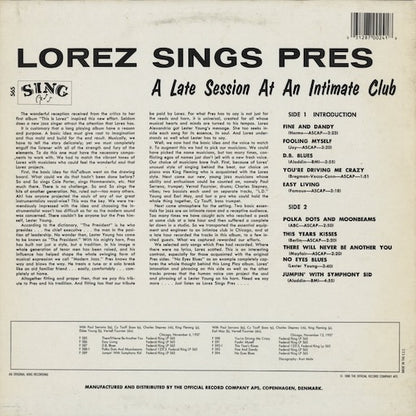 Lorez Alexandria - Lorez Sings Pres - A Late Session At An Intimate Club (Sing 565) LP 1988 SWE Sing｜中古LP